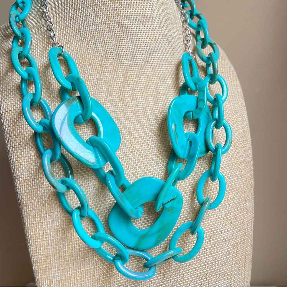 Acrylic link necklaces in faux turquoise aqua blue green with brown swirls PAIR